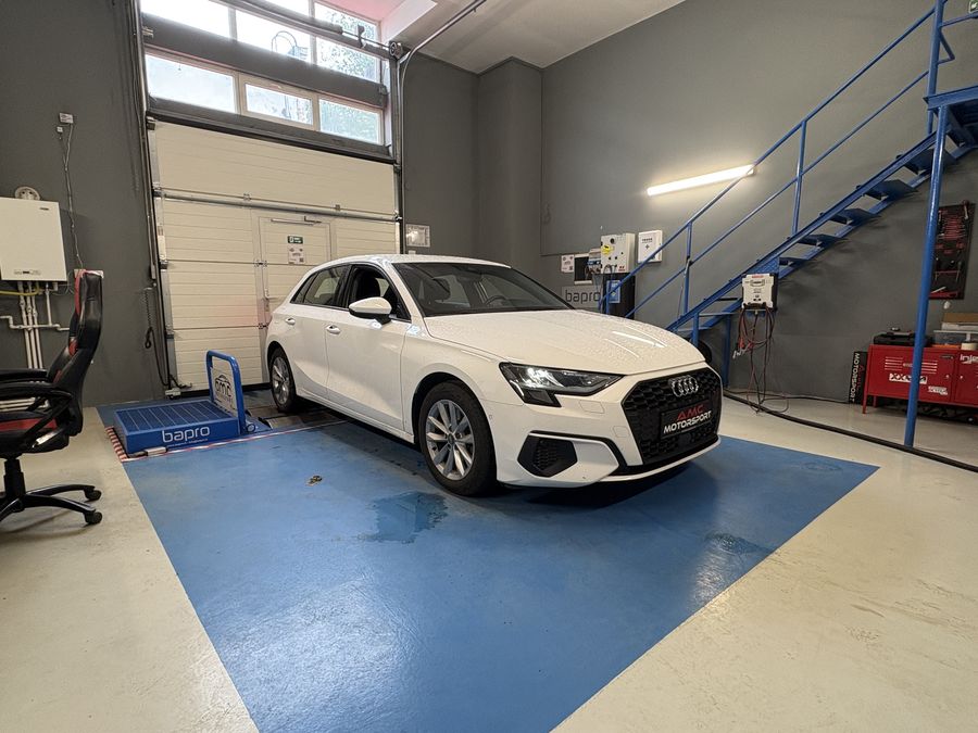 White Audi A3 on the dyno