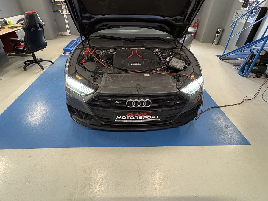 Audi with the bonnet open, ready for calibration
