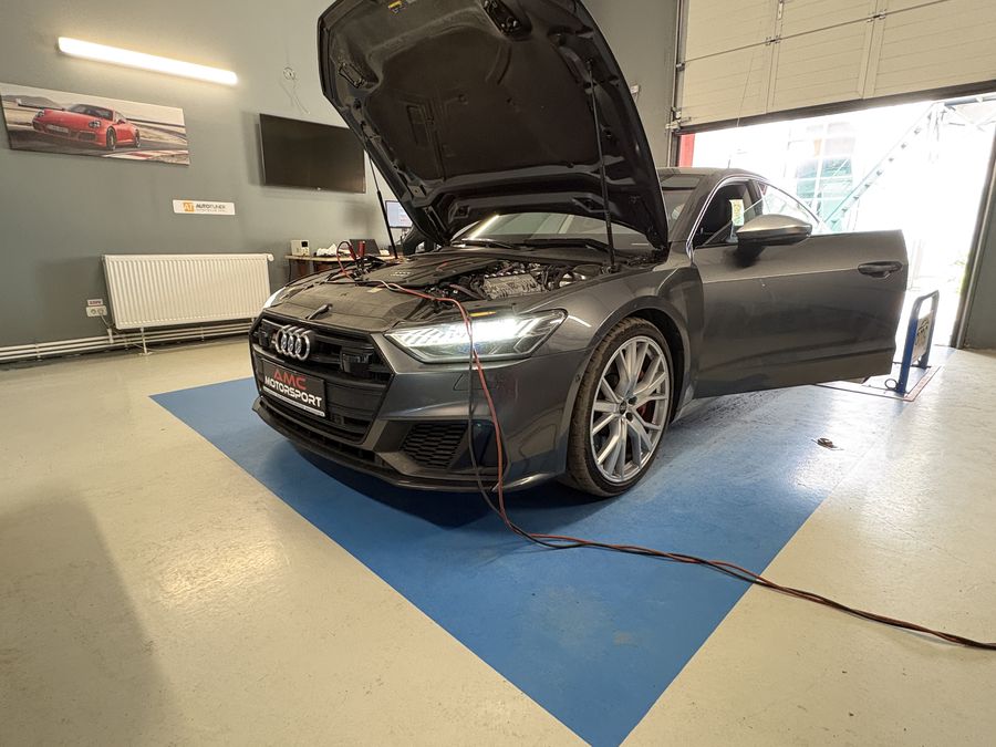 Audi with diagnostics connected in the AMC Motorsport workshop