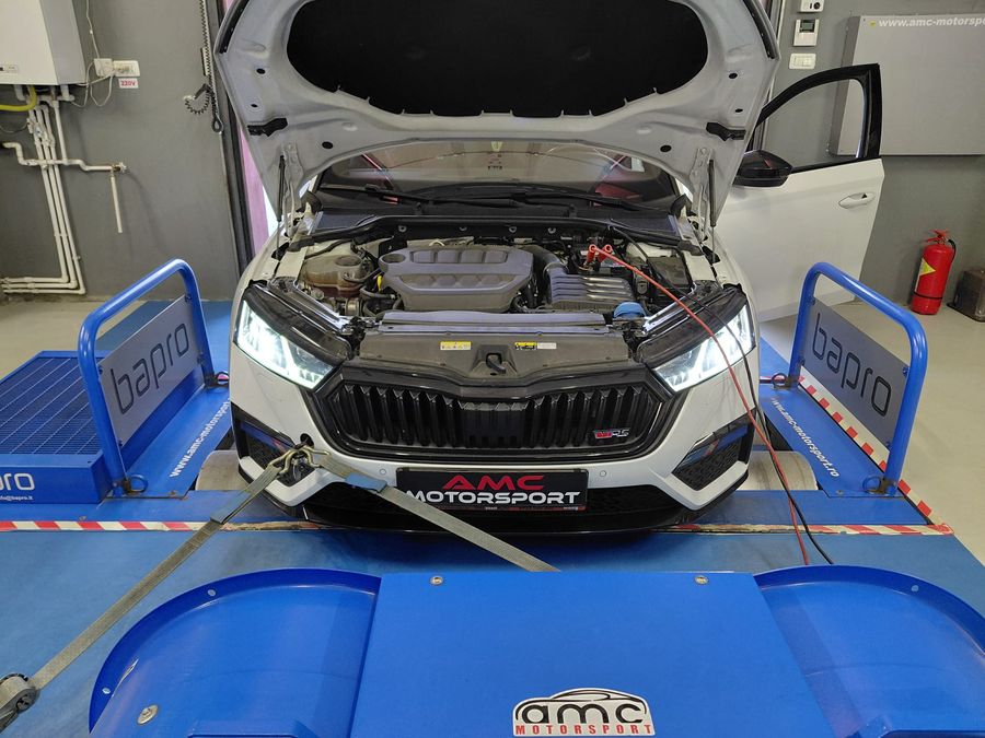 Skoda Octavia RS with the bonnet open on the dyno