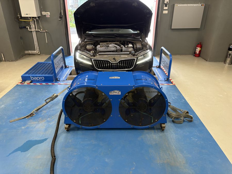 Skoda on the dyno, with the fans in front